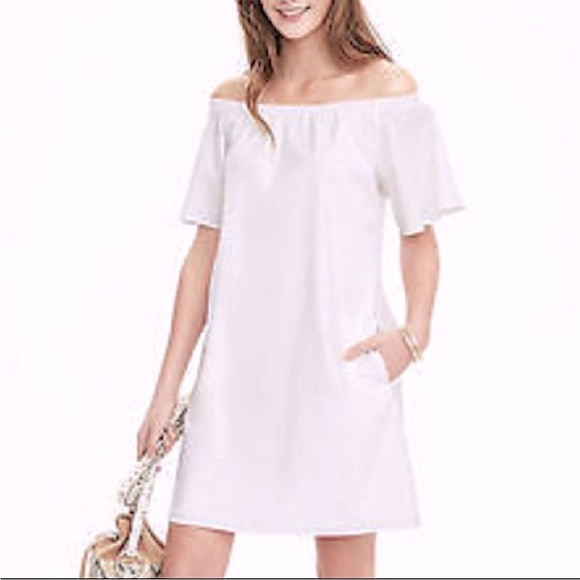 Banana Republic on off shoulder White Cotton Dress size large short sleeve lined - Picture 5 of 16